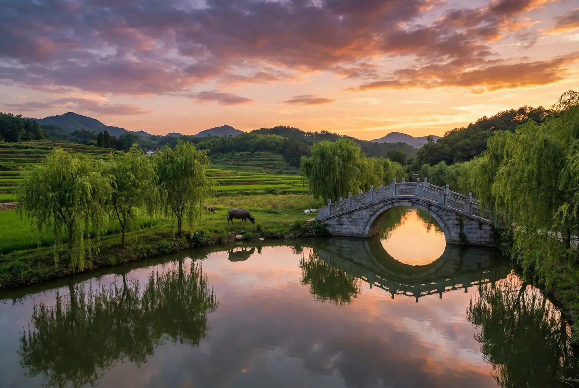 夕阳下的石拱桥与垂柳，水牛在河边吃草 - nvyouba 乡村美景
